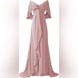 JAEDEN Lace Long Chiffon Wedding Off the Shoulder Dress/Gown in Dusty Rose